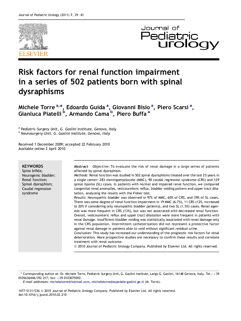 Risk factors for renal function impairment in a series of 502 patients born with spinal dysraphisms