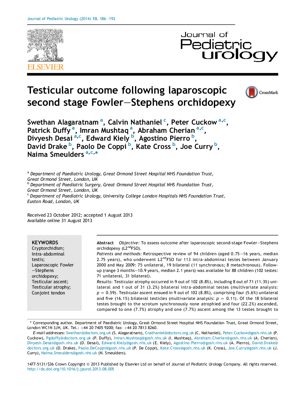 Testicular outcome following laparoscopic second stage Fowler–Stephens orchidopexy