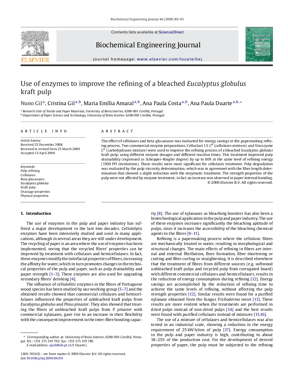 Use of enzymes to improve the refining of a bleached Eucalyptus globulus kraft pulp