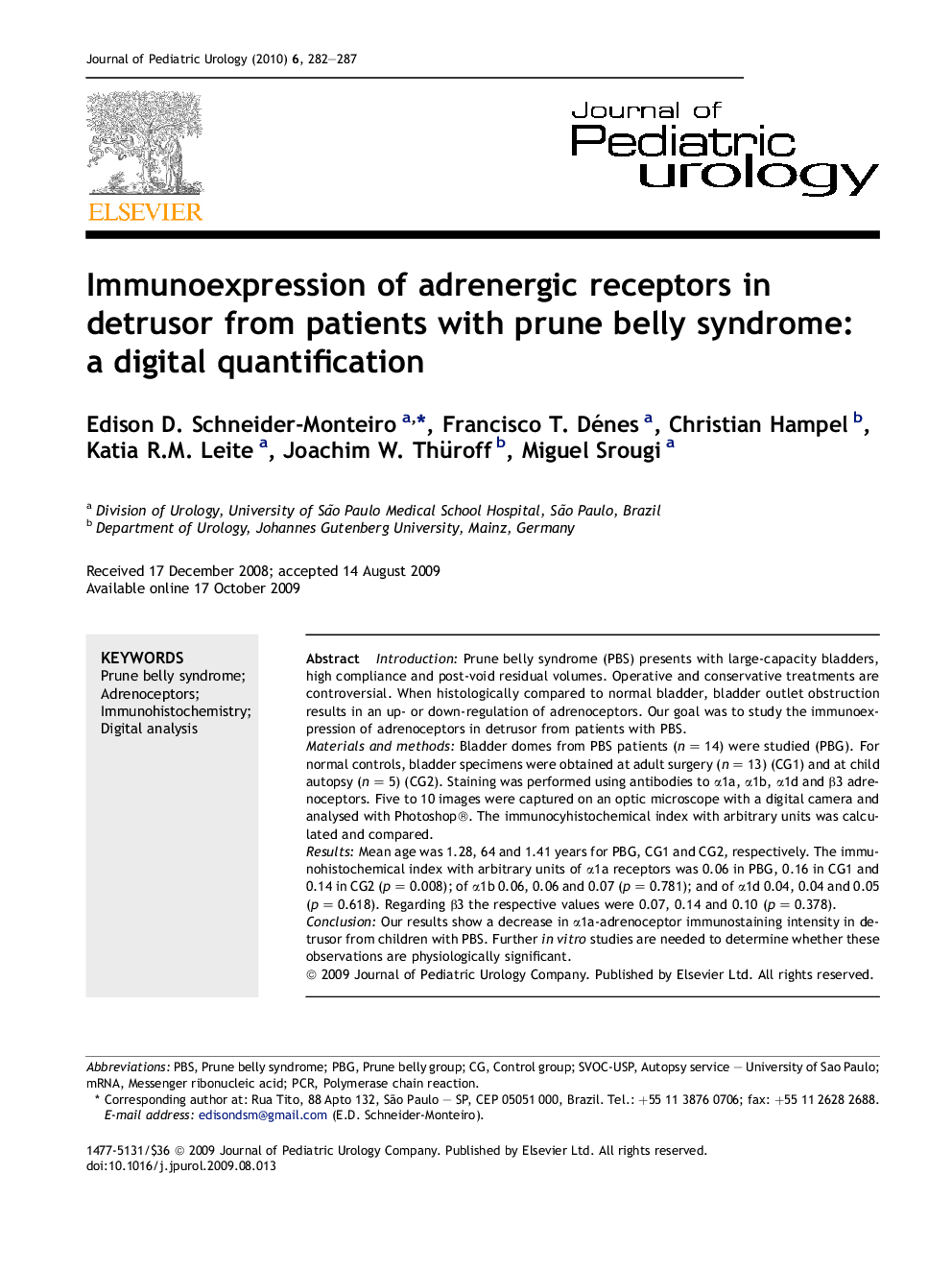 Immunoexpression of adrenergic receptors in detrusor from patients with prune belly syndrome: a digital quantification