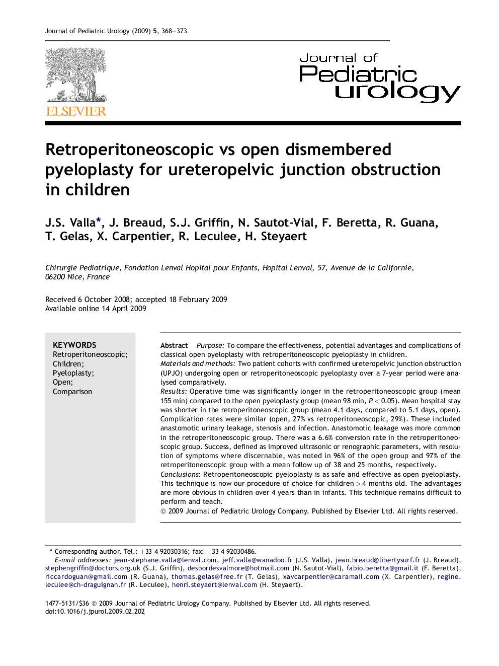 Retroperitoneoscopic vs open dismembered pyeloplasty for ureteropelvic junction obstruction in children