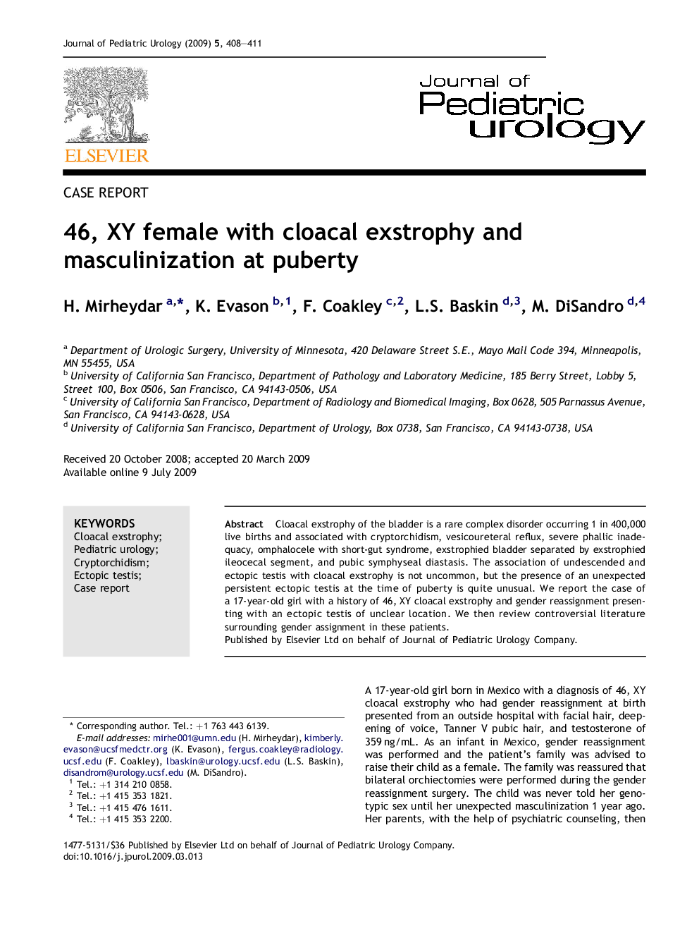 46, XY female with cloacal exstrophy and masculinization at puberty