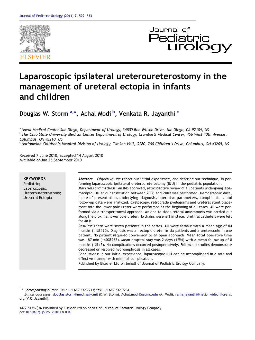 Laparoscopic ipsilateral ureteroureterostomy in the management of ureteral ectopia in infants and children