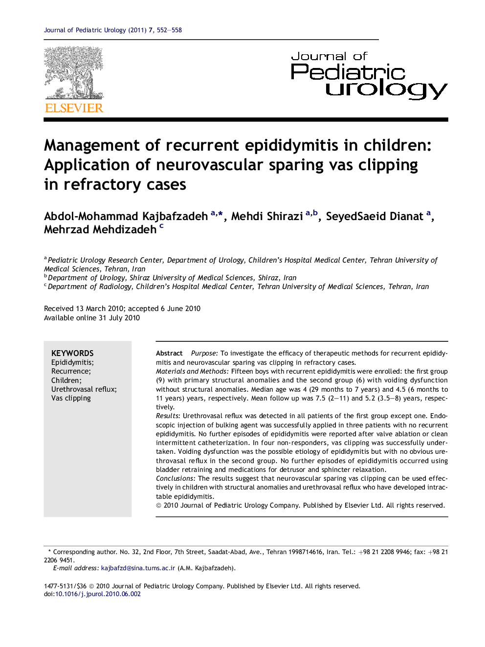 Management of recurrent epididymitis in children: Application of neurovascular sparing vas clipping in refractory cases