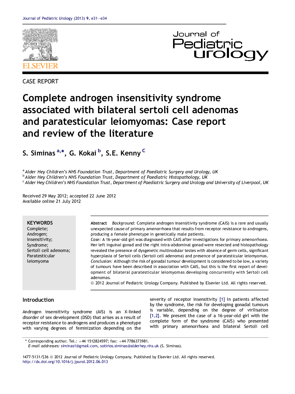 Complete androgen insensitivity syndrome associated with bilateral sertoli cell adenomas and paratesticular leiomyomas: Case report and review of the literature