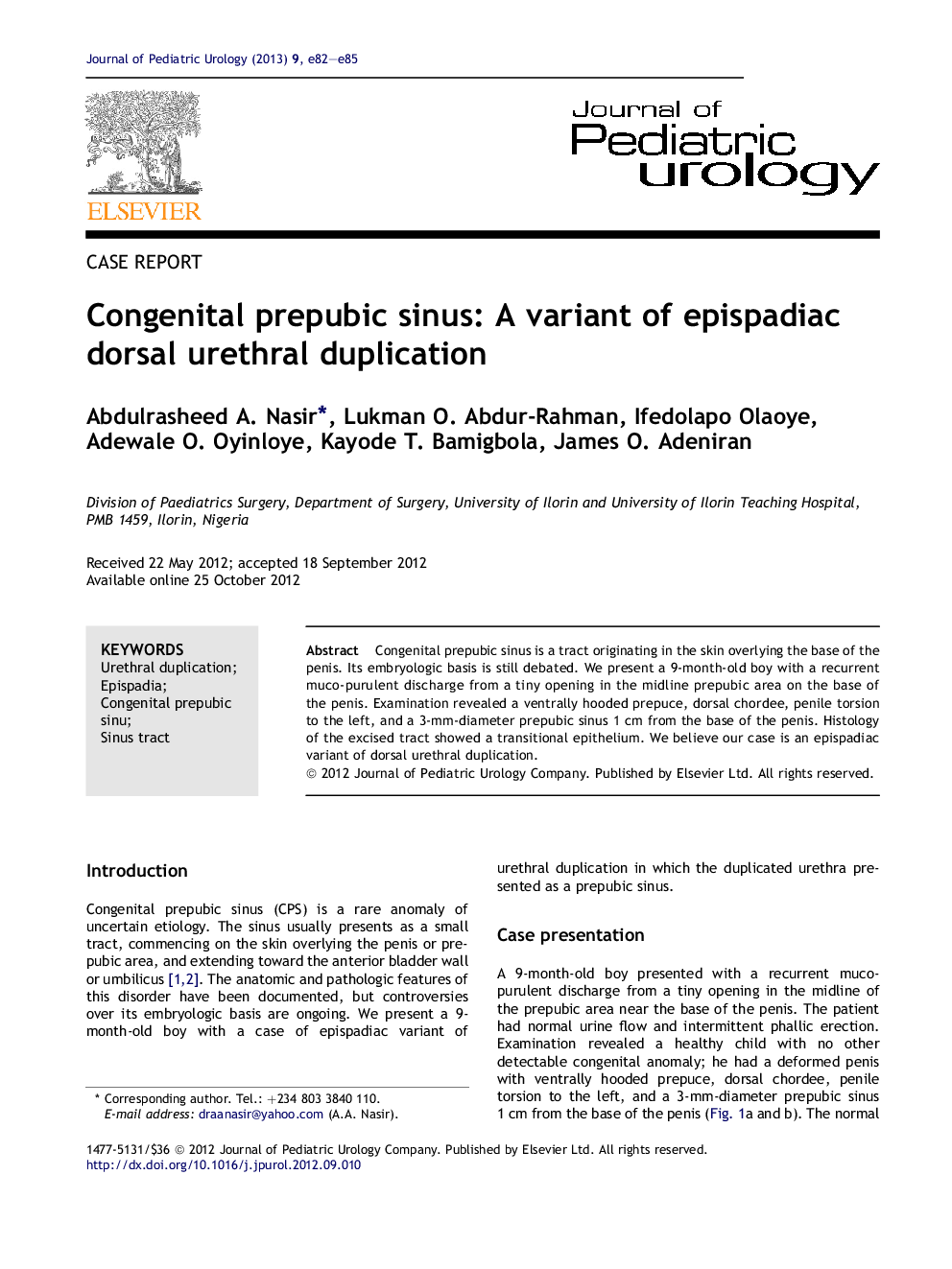 Congenital prepubic sinus: A variant of epispadiac dorsal urethral duplication