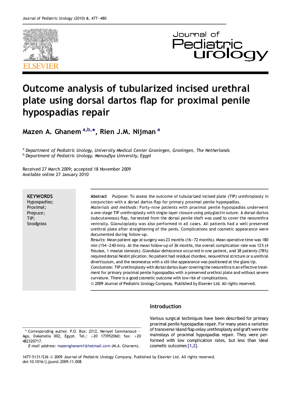 Outcome analysis of tubularized incised urethral plate using dorsal dartos flap for proximal penile hypospadias repair