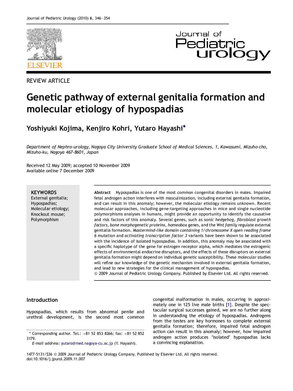 Genetic pathway of external genitalia formation and molecular etiology of hypospadias