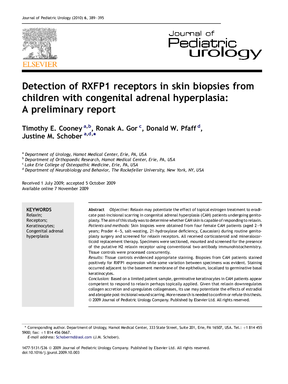 Detection of RXFP1 receptors in skin biopsies from children with congenital adrenal hyperplasia: A preliminary report