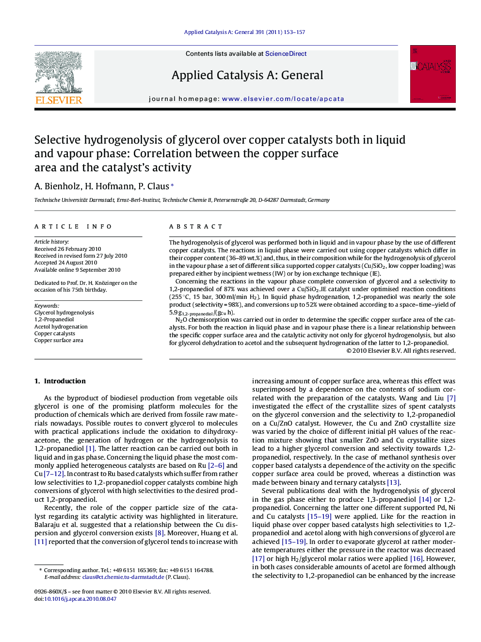 Selective hydrogenolysis of glycerol over copper catalysts both in liquid and vapour phase: Correlation between the copper surface area and the catalyst's activity