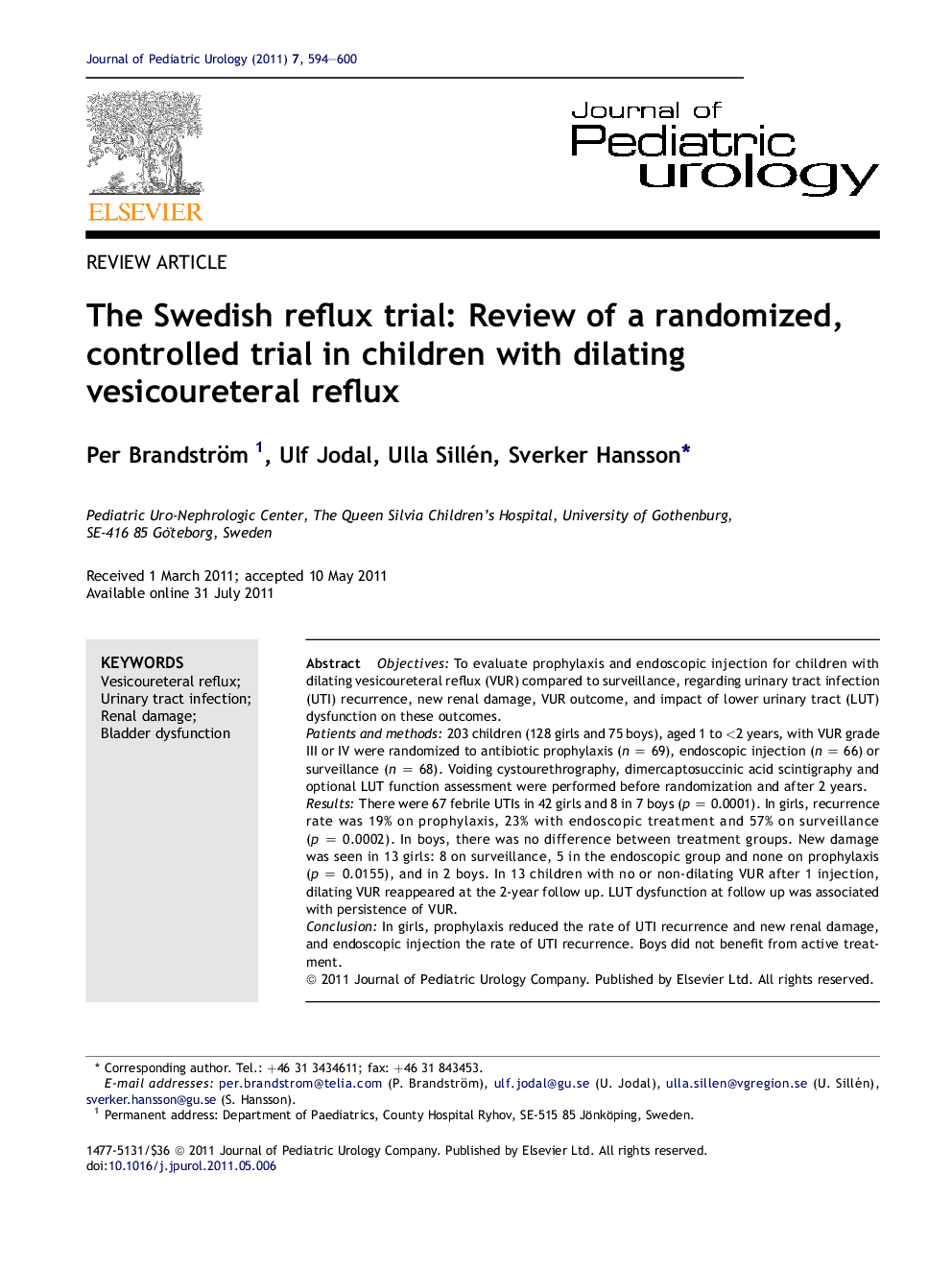 The Swedish reflux trial: Review of a randomized, controlled trial in children with dilating vesicoureteral reflux