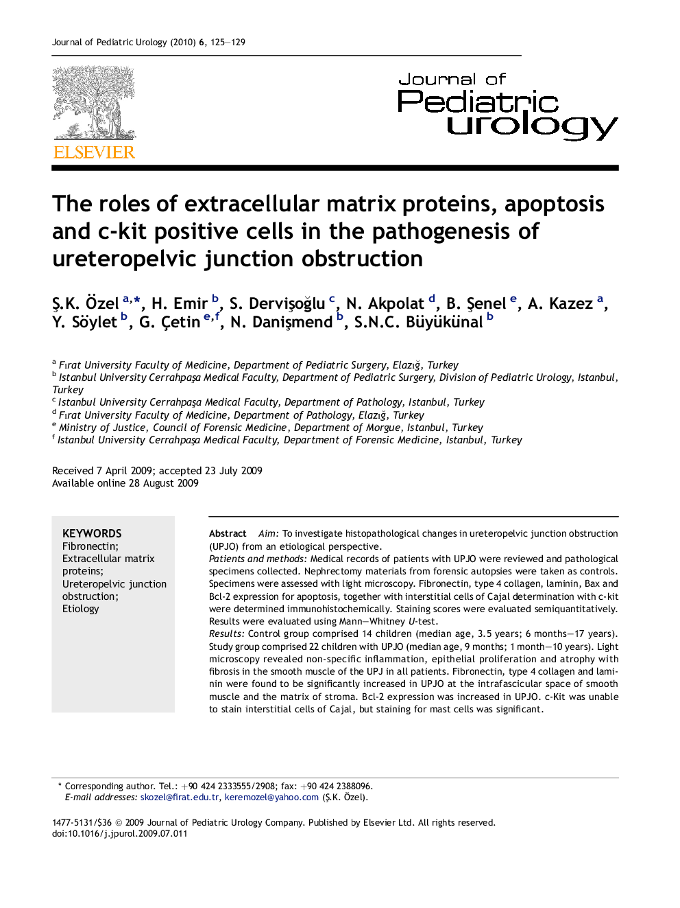 The roles of extracellular matrix proteins, apoptosis and c-kit positive cells in the pathogenesis of ureteropelvic junction obstruction