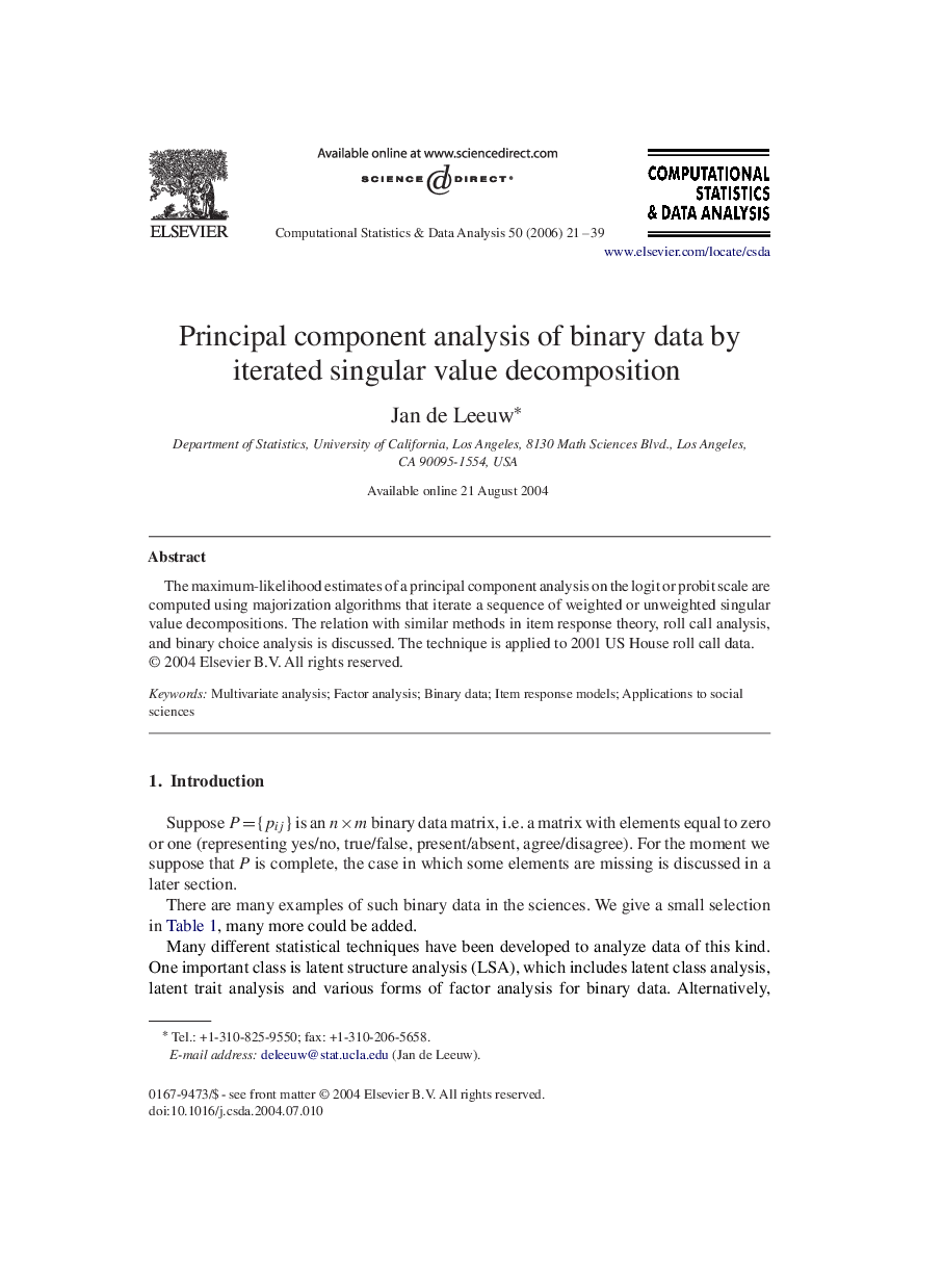 Principal component analysis of binary data by iterated singular value decomposition