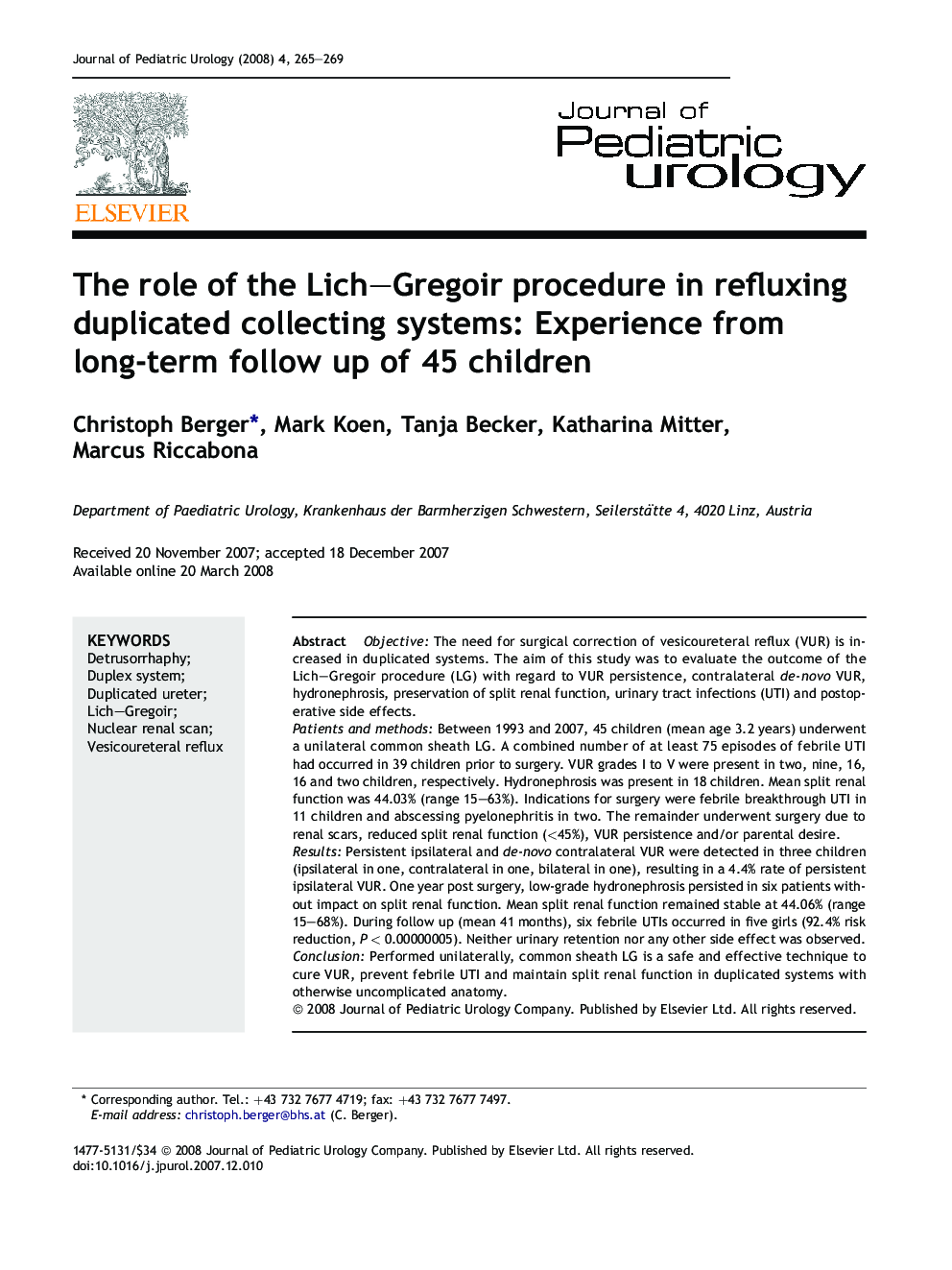 The role of the Lich–Gregoir procedure in refluxing duplicated collecting systems: Experience from long-term follow up of 45 children