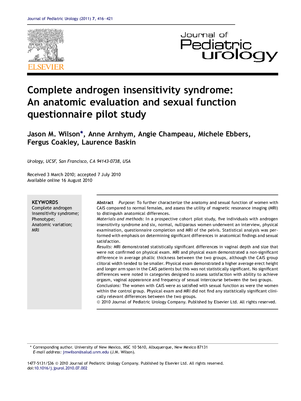 Complete androgen insensitivity syndrome: An anatomic evaluation and sexual function questionnaire pilot study