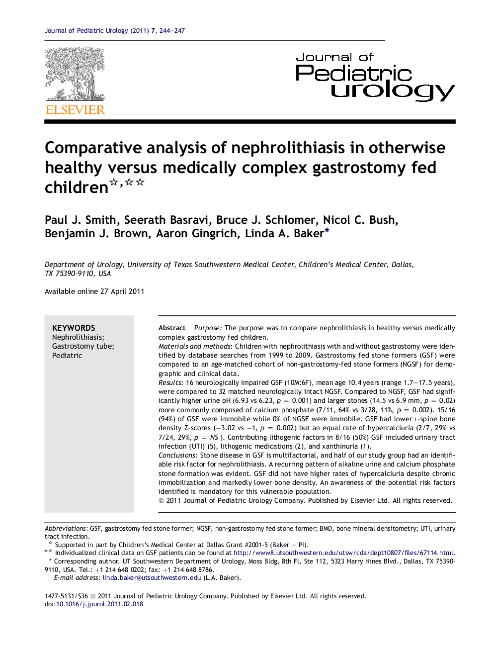 Comparative analysis of nephrolithiasis in otherwise healthy versus medically complex gastrostomy fed children 