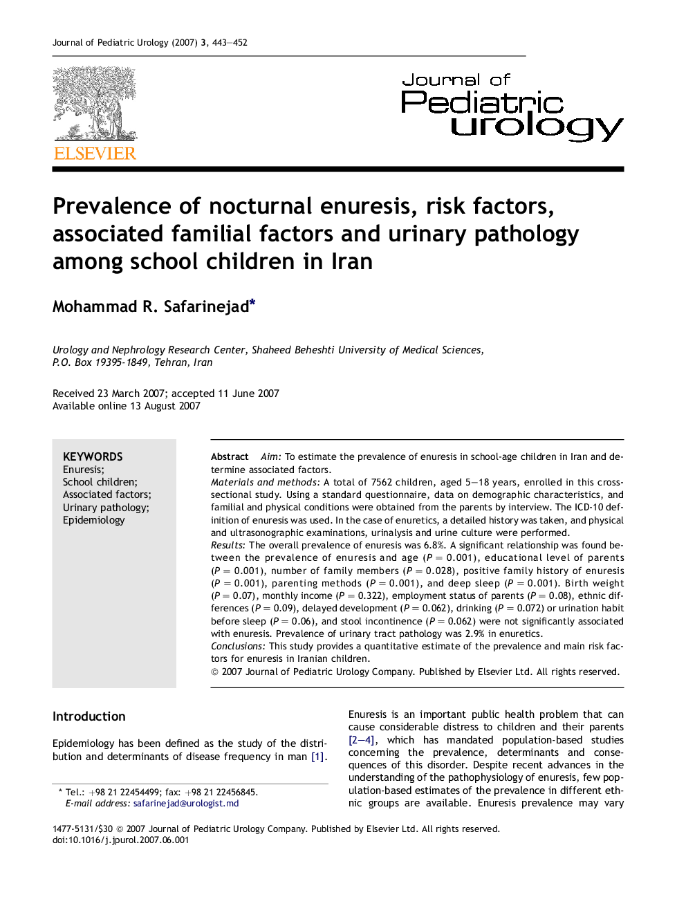 Prevalence of nocturnal enuresis, risk factors, associated familial factors and urinary pathology among school children in Iran