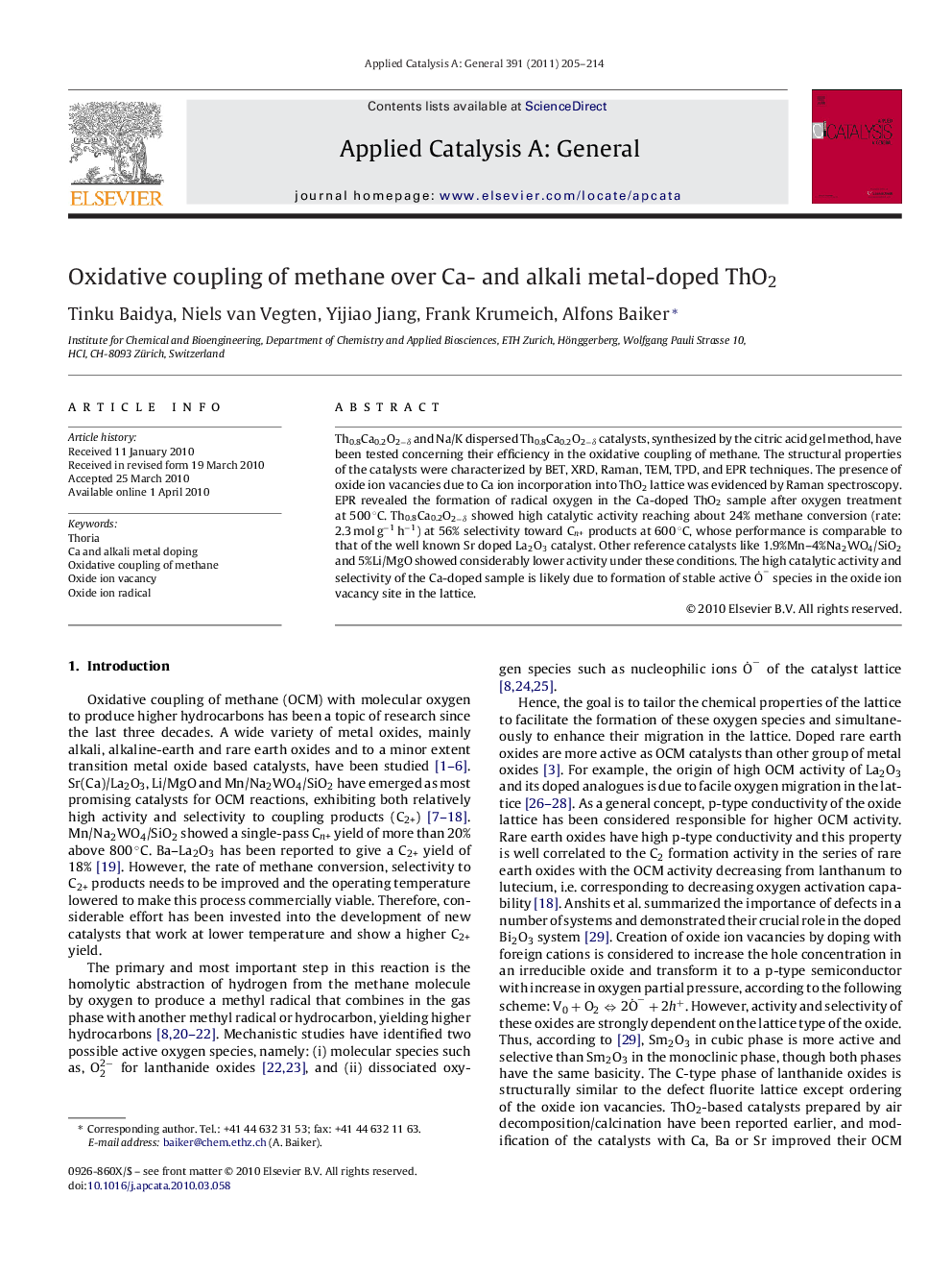 Oxidative coupling of methane over Ca- and alkali metal-doped ThO2