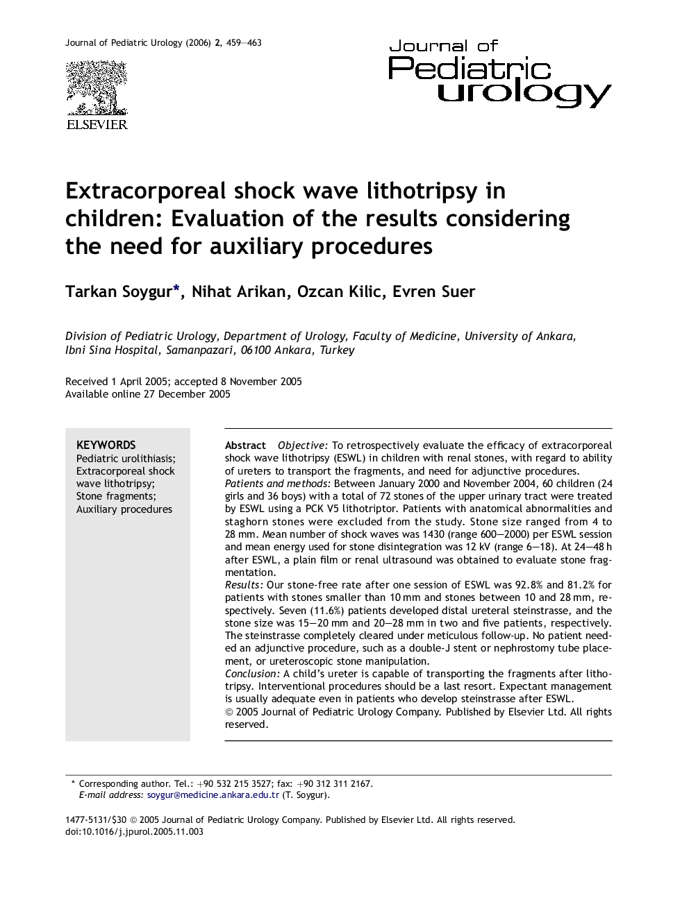 Extracorporeal shock wave lithotripsy in children: Evaluation of the results considering the need for auxiliary procedures