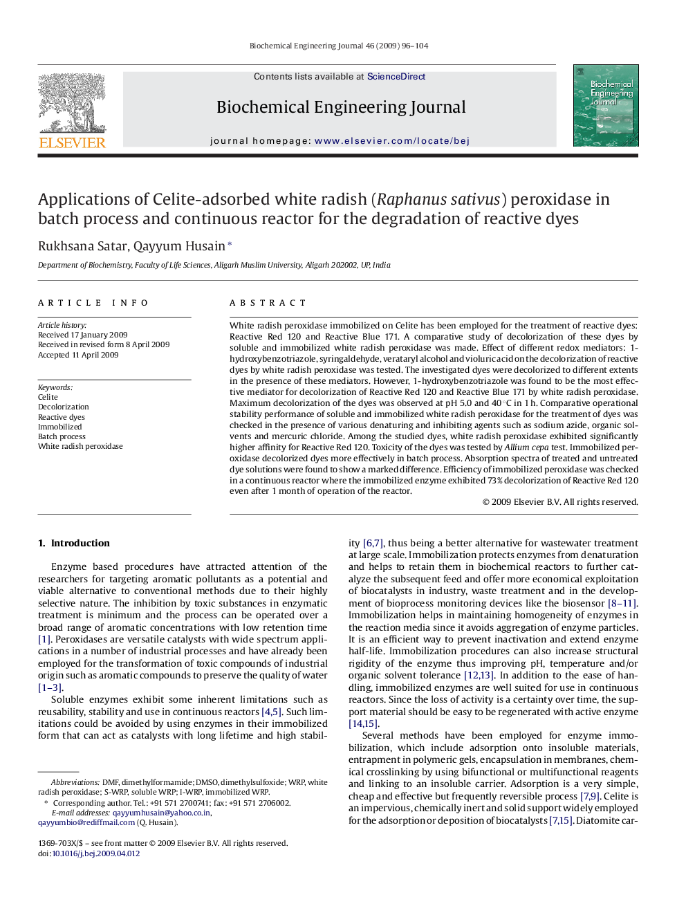 Applications of Celite-adsorbed white radish (Raphanus sativus) peroxidase in batch process and continuous reactor for the degradation of reactive dyes