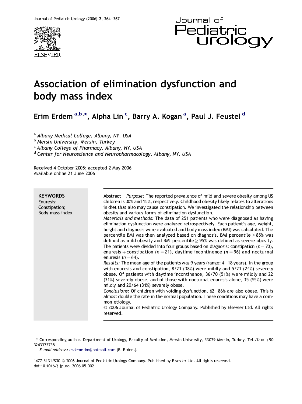 Association of elimination dysfunction and body mass index