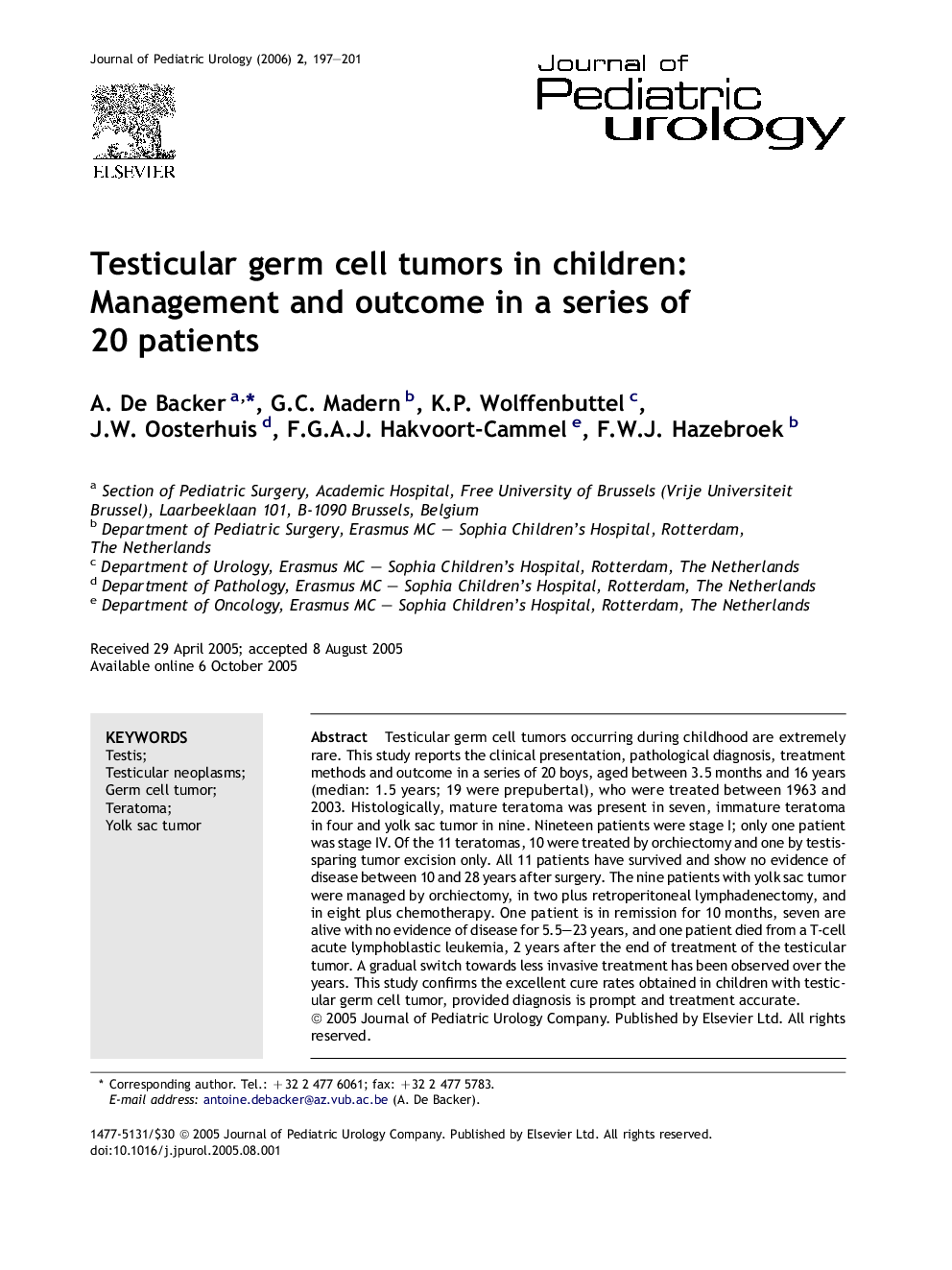 Testicular germ cell tumors in children: Management and outcome in a series of 20 patients