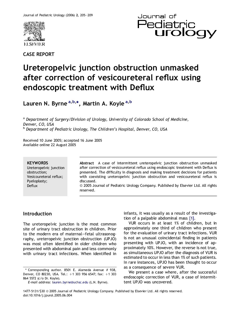 Ureteropelvic junction obstruction unmasked after correction of vesicoureteral reflux using endoscopic treatment with Deflux