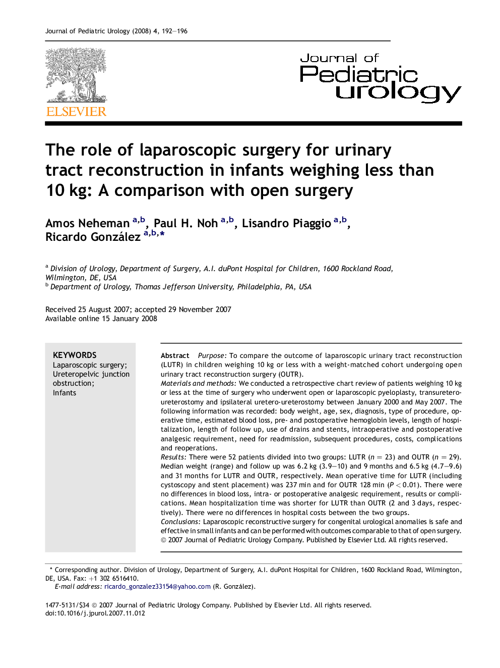 The role of laparoscopic surgery for urinary tract reconstruction in infants weighing less than 10 kg: A comparison with open surgery