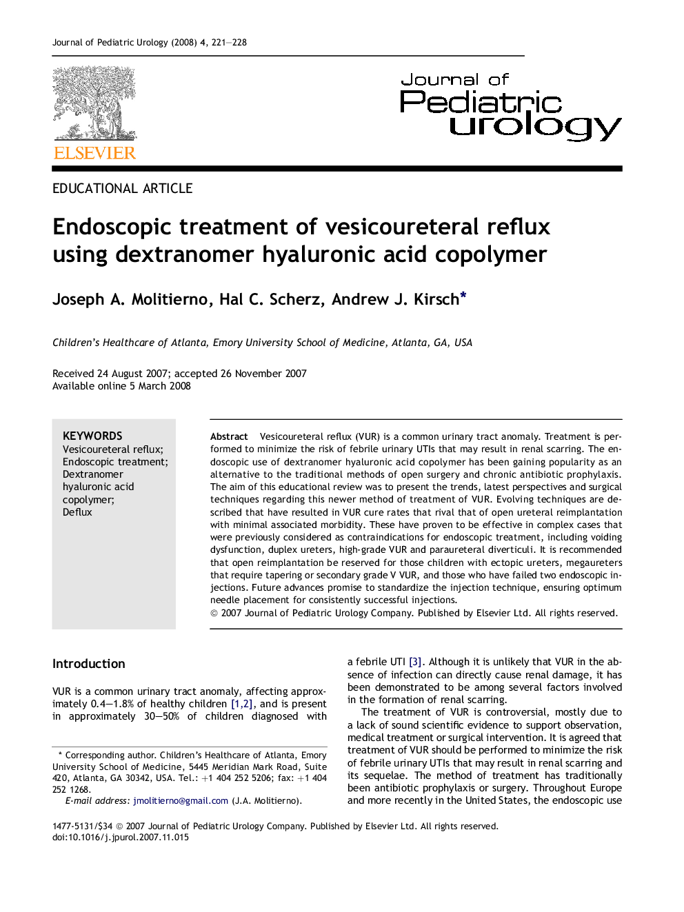 Endoscopic treatment of vesicoureteral reflux using dextranomer hyaluronic acid copolymer