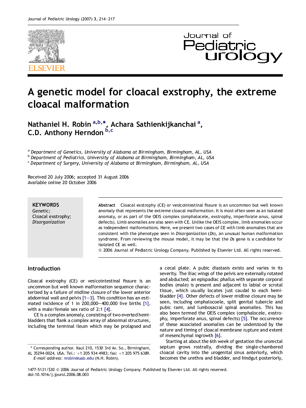 A genetic model for cloacal exstrophy, the extreme cloacal malformation