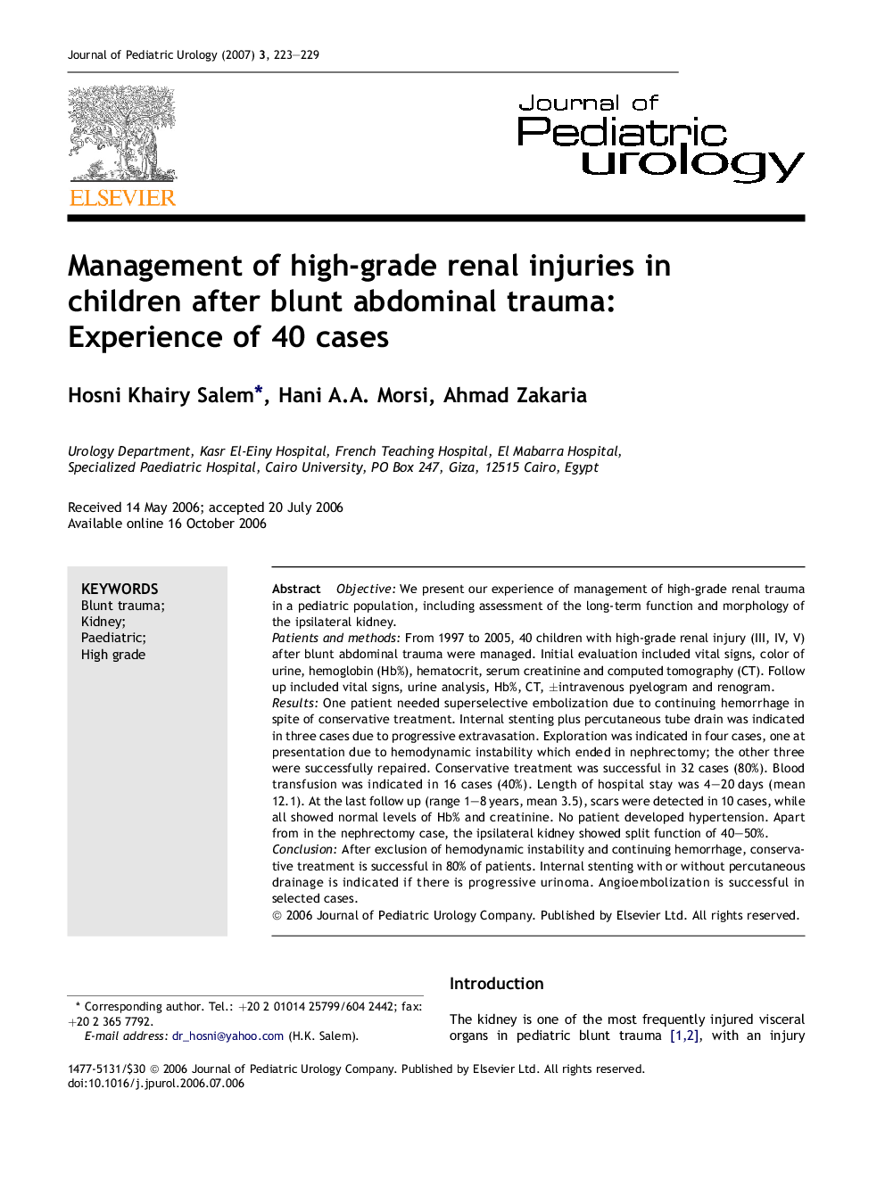 Management of high-grade renal injuries in children after blunt abdominal trauma: Experience of 40 cases