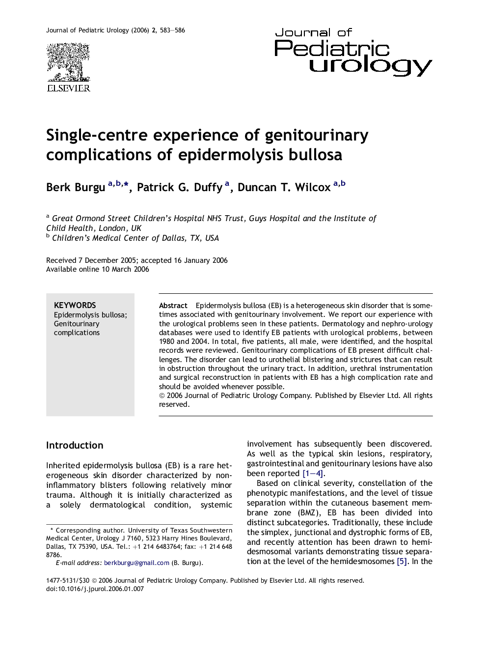 Single-centre experience of genitourinary complications of epidermolysis bullosa