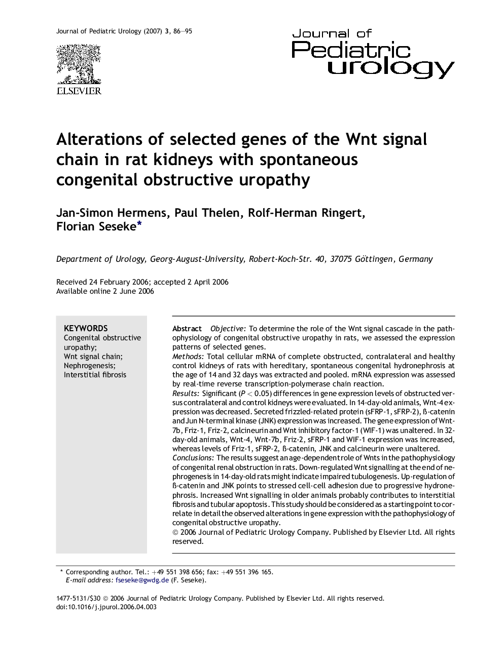 Alterations of selected genes of the Wnt signal chain in rat kidneys with spontaneous congenital obstructive uropathy