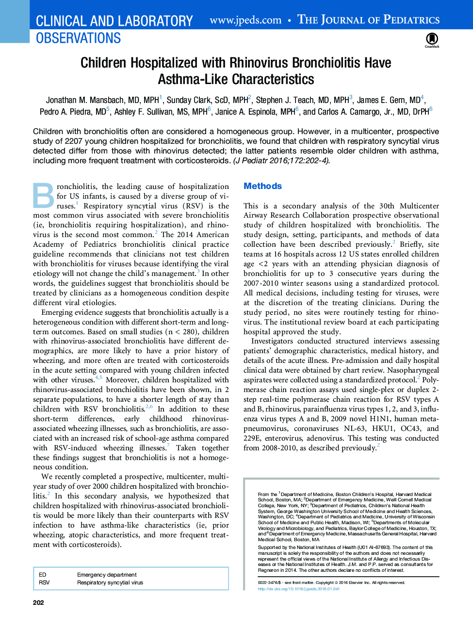 Children Hospitalized with Rhinovirus Bronchiolitis Have Asthma-LikeÂ Characteristics