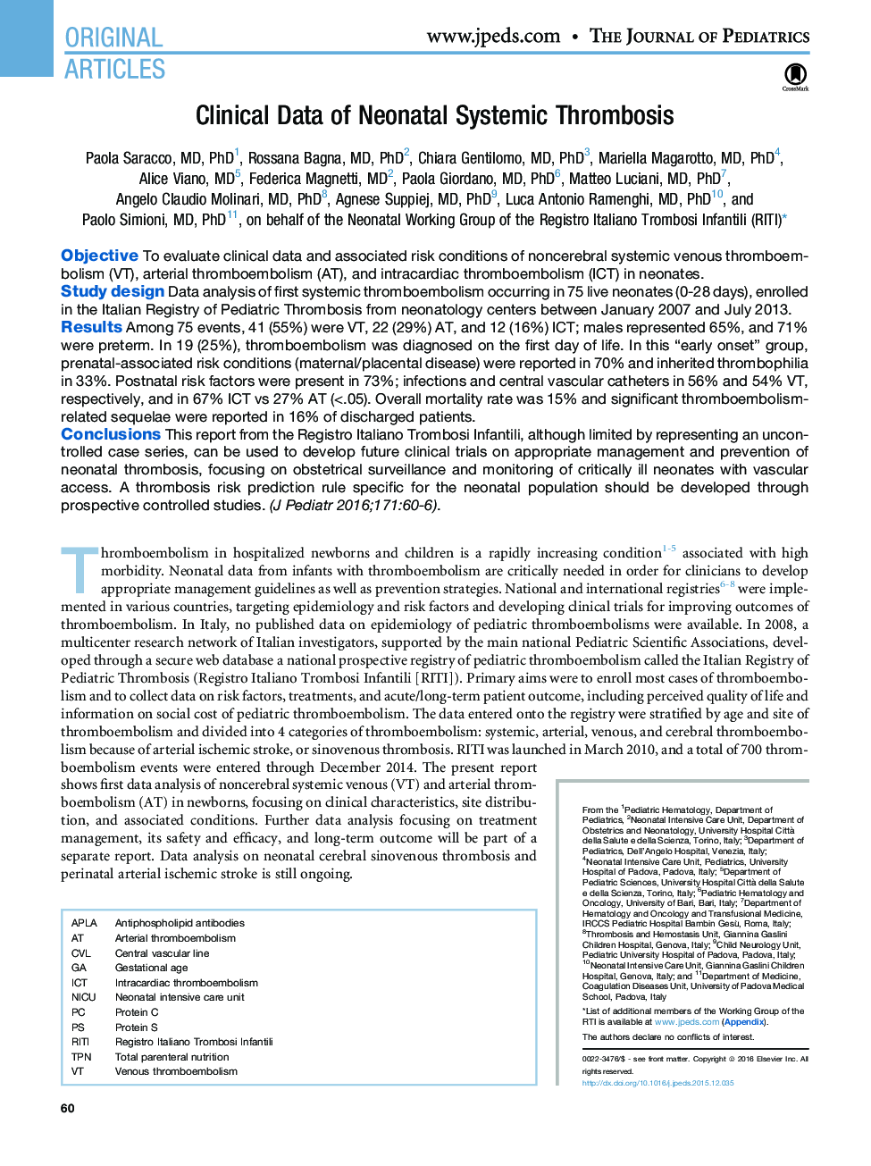 Clinical Data of Neonatal Systemic Thrombosis