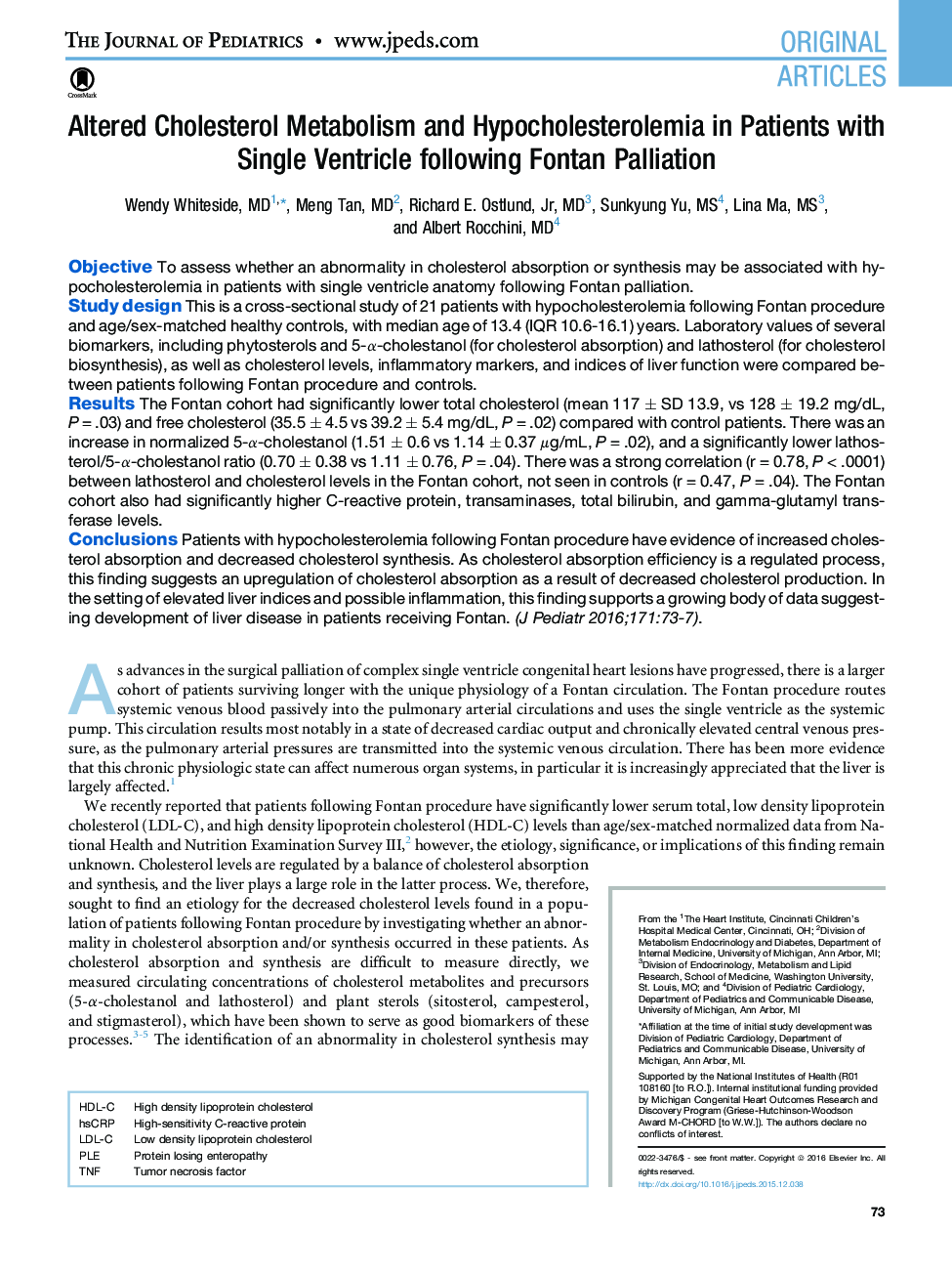 Altered Cholesterol Metabolism and Hypocholesterolemia in Patients with Single Ventricle following Fontan Palliation 