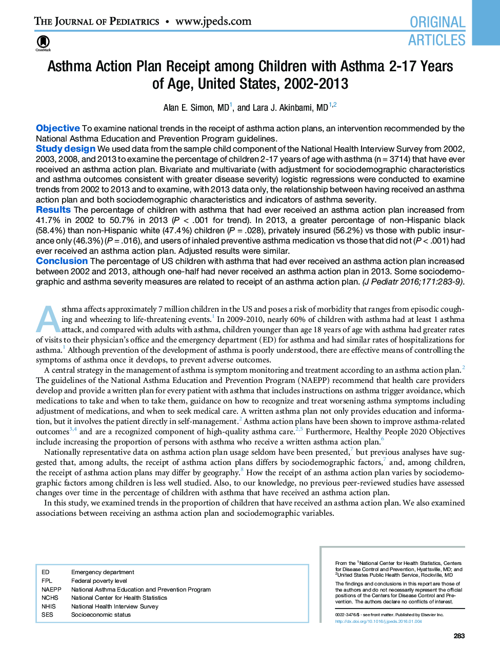 Asthma Action Plan Receipt among Children with Asthma 2-17 Years of Age, United States, 2002-2013