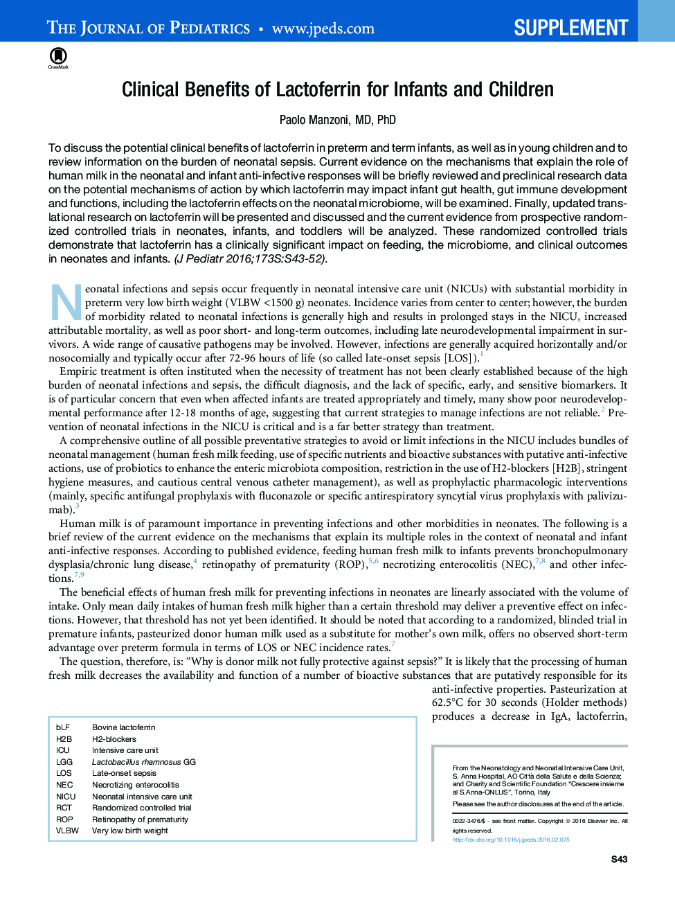 Clinical Benefits of Lactoferrin for Infants and Children 