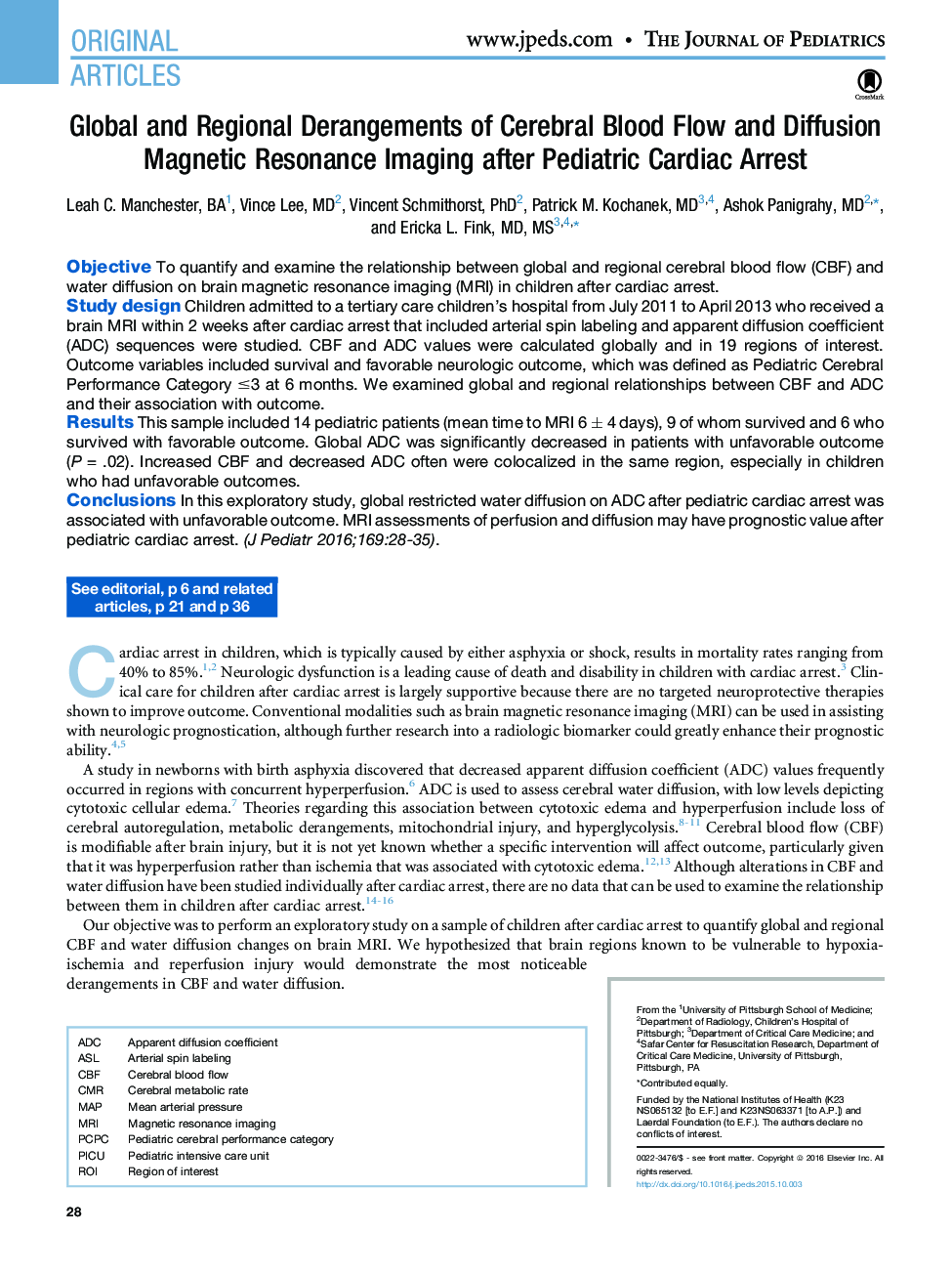 Global and Regional Derangements of Cerebral Blood Flow and Diffusion Magnetic Resonance Imaging after PediatricÂ Cardiac Arrest