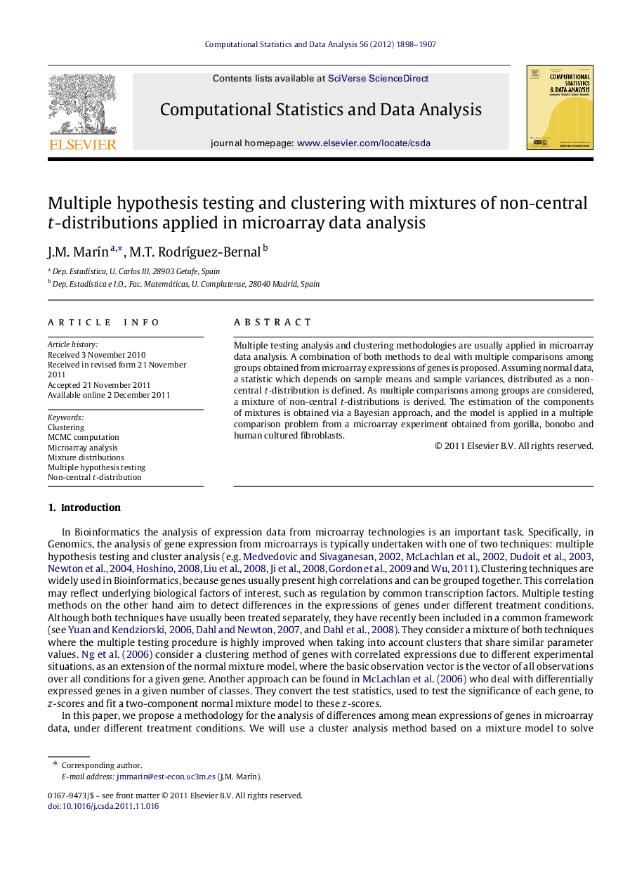 Multiple hypothesis testing and clustering with mixtures of non-central tt-distributions applied in microarray data analysis