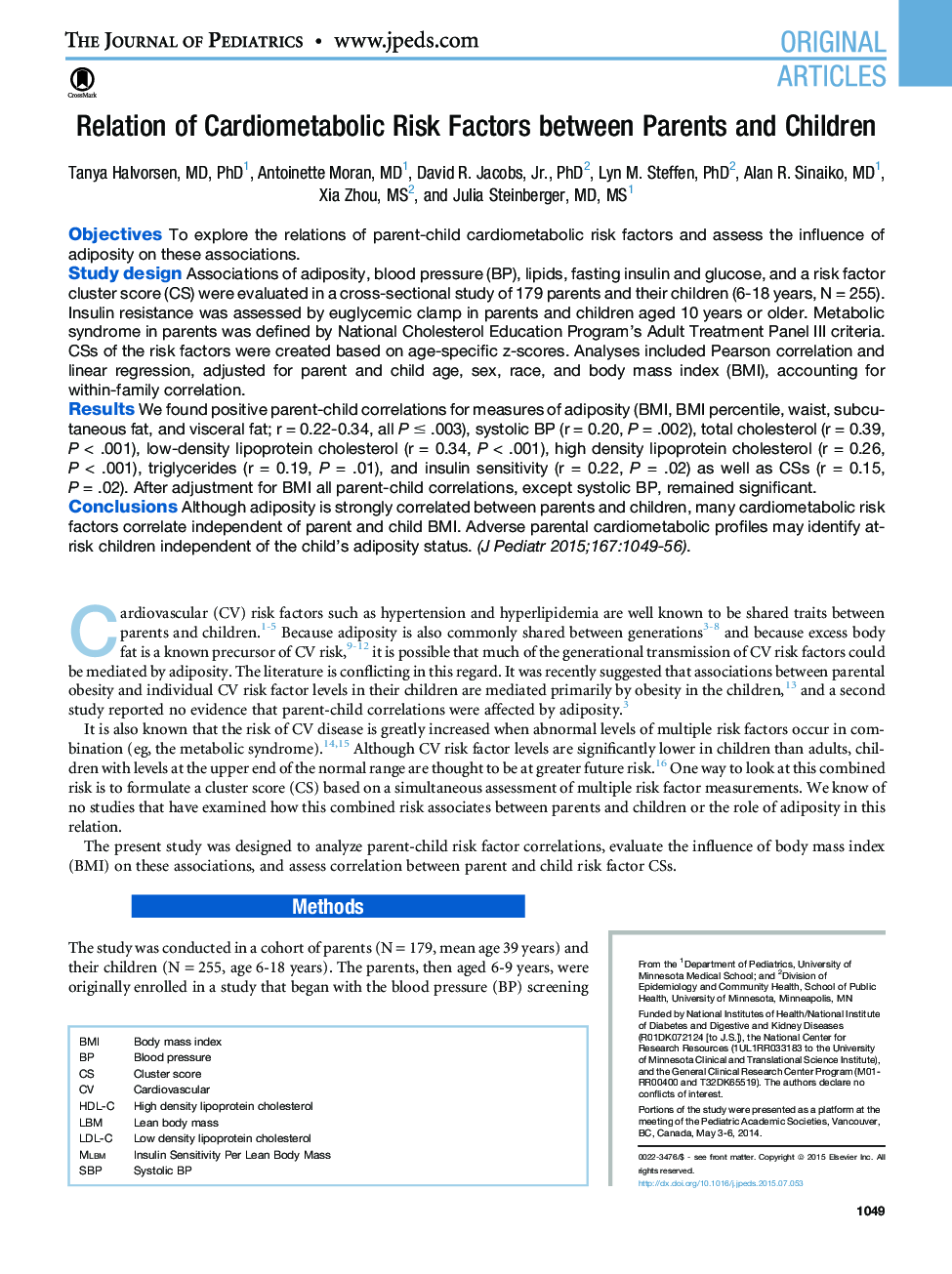 Relation of Cardiometabolic Risk Factors between Parents and Children