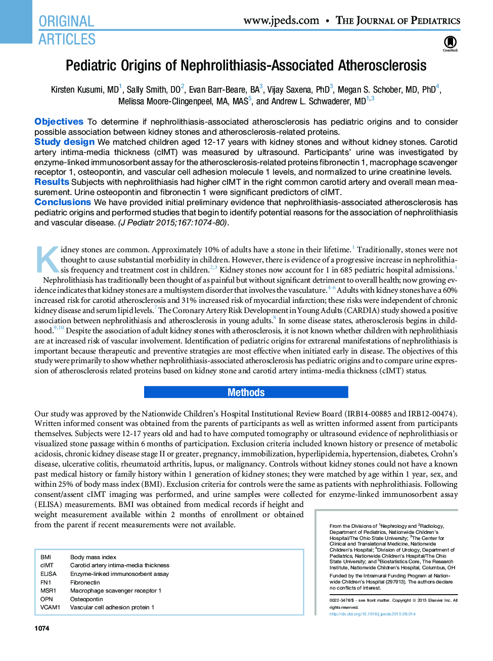 Pediatric Origins of Nephrolithiasis-Associated Atherosclerosis