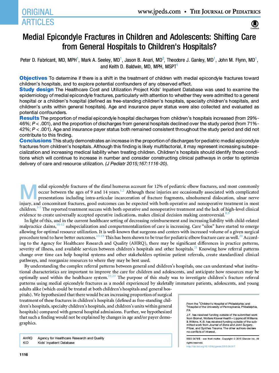 Medial Epicondyle Fractures in Children and Adolescents: Shifting Care from General Hospitals to Children's Hospitals? 