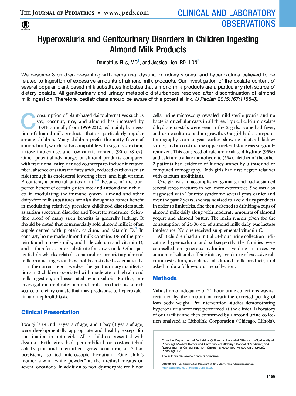 Hyperoxaluria and Genitourinary Disorders in Children Ingesting Almond Milk Products 