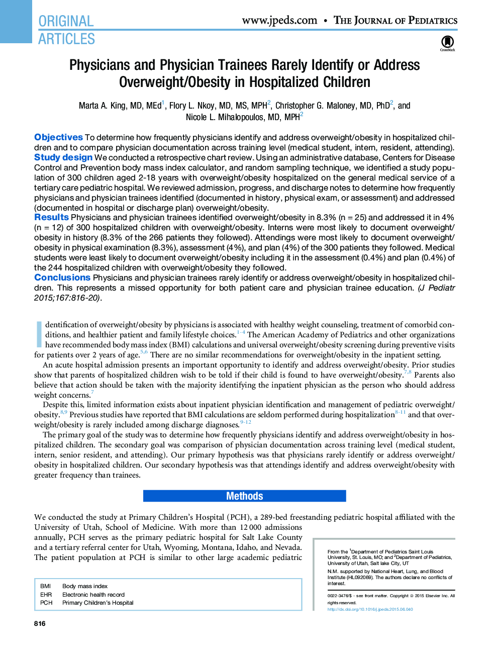 Physicians and Physician Trainees Rarely Identify or Address Overweight/ObesityÂ in Hospitalized Children