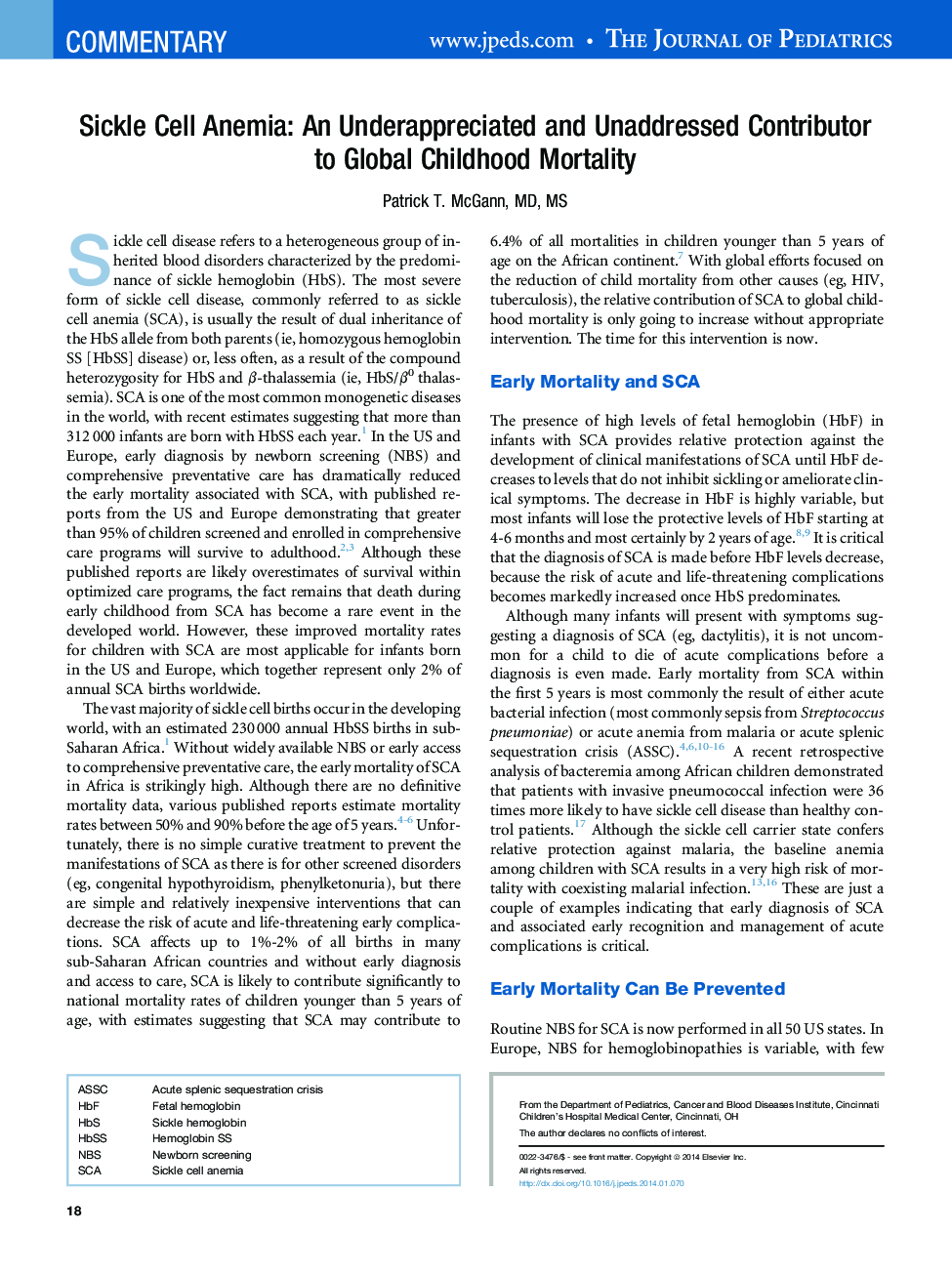 Sickle Cell Anemia: An Underappreciated and Unaddressed Contributor to Global Childhood Mortality