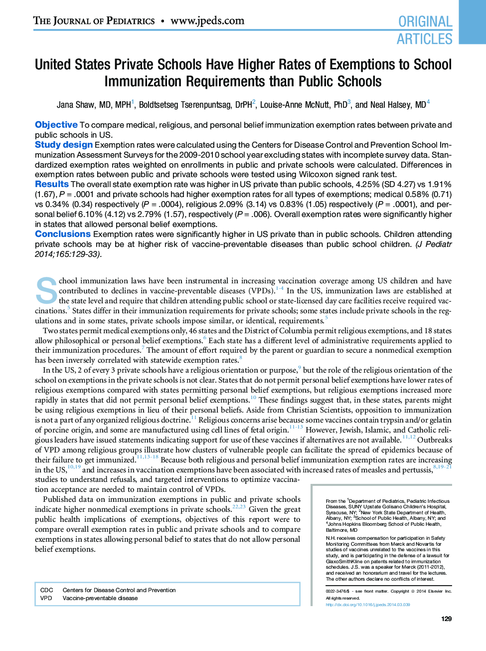 United States Private Schools Have Higher Rates of Exemptions to School Immunization Requirements than Public Schools 