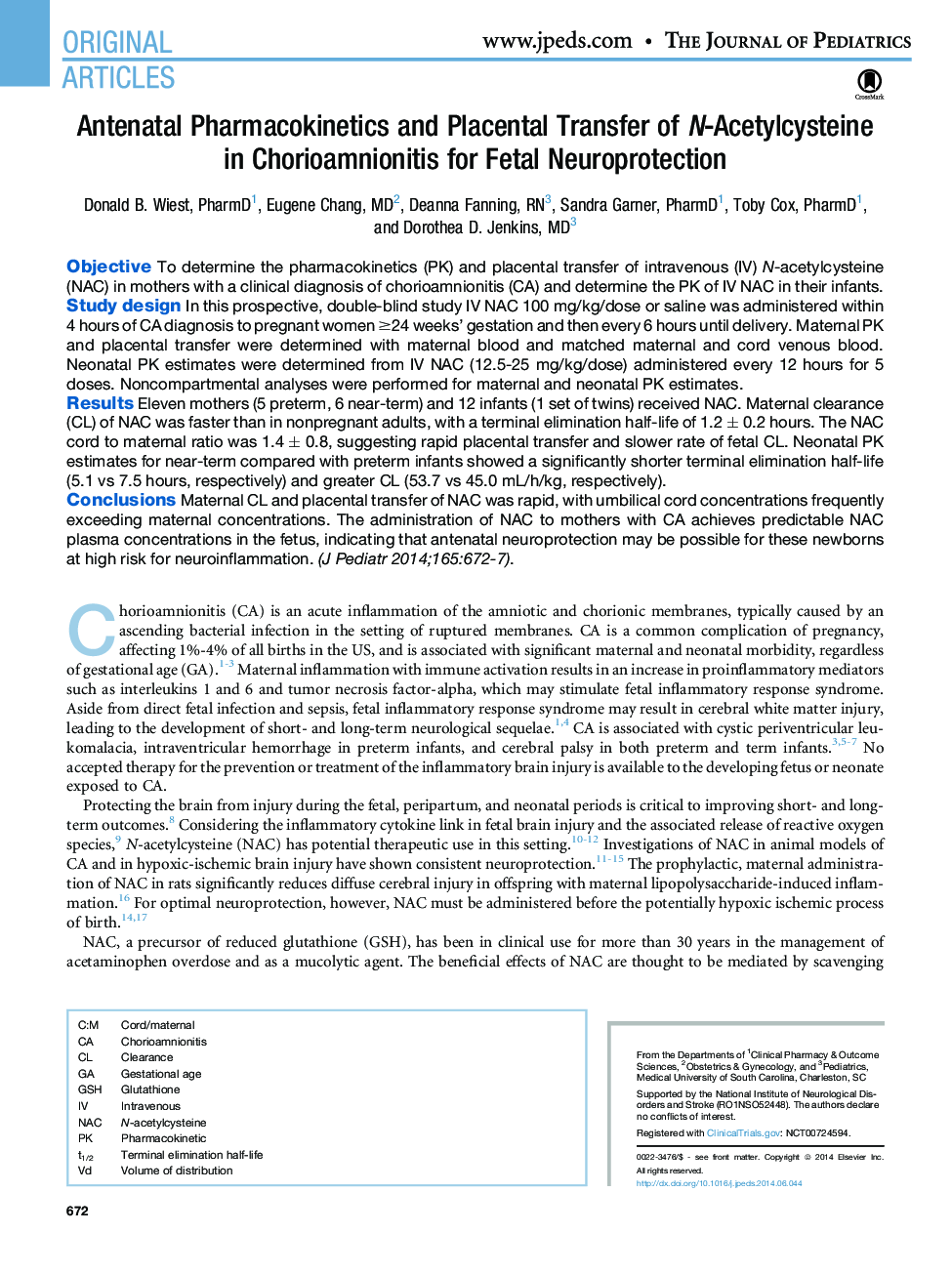 Antenatal Pharmacokinetics and Placental Transfer of N-Acetylcysteine inÂ Chorioamnionitis for Fetal Neuroprotection