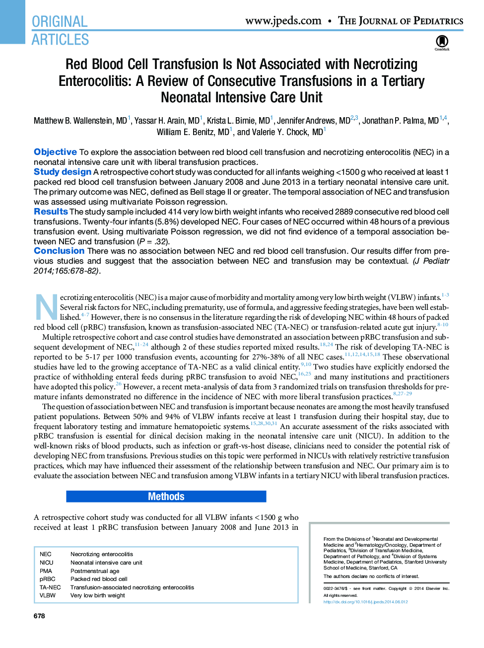 Red Blood Cell Transfusion Is Not Associated with Necrotizing Enterocolitis: A Review of Consecutive Transfusions in a Tertiary Neonatal Intensive Care Unit 