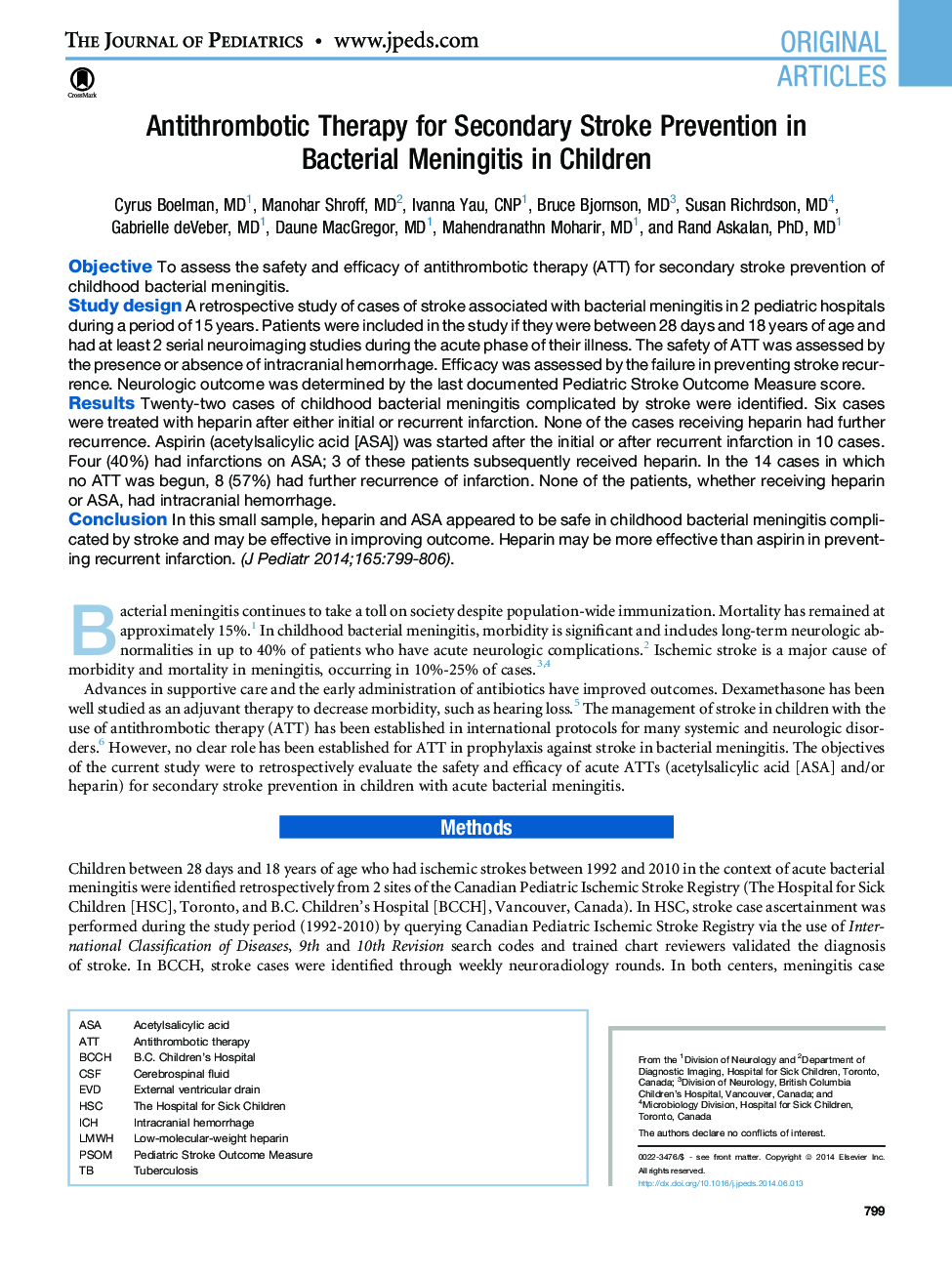 Antithrombotic Therapy for Secondary Stroke Prevention in Bacterial Meningitis in Children 